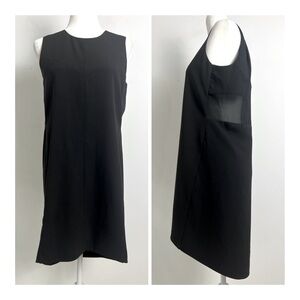 Aijek Black Minimalist Sheer Panel Sleeveless Hi-Lo Hem Knee Length Shift Dress